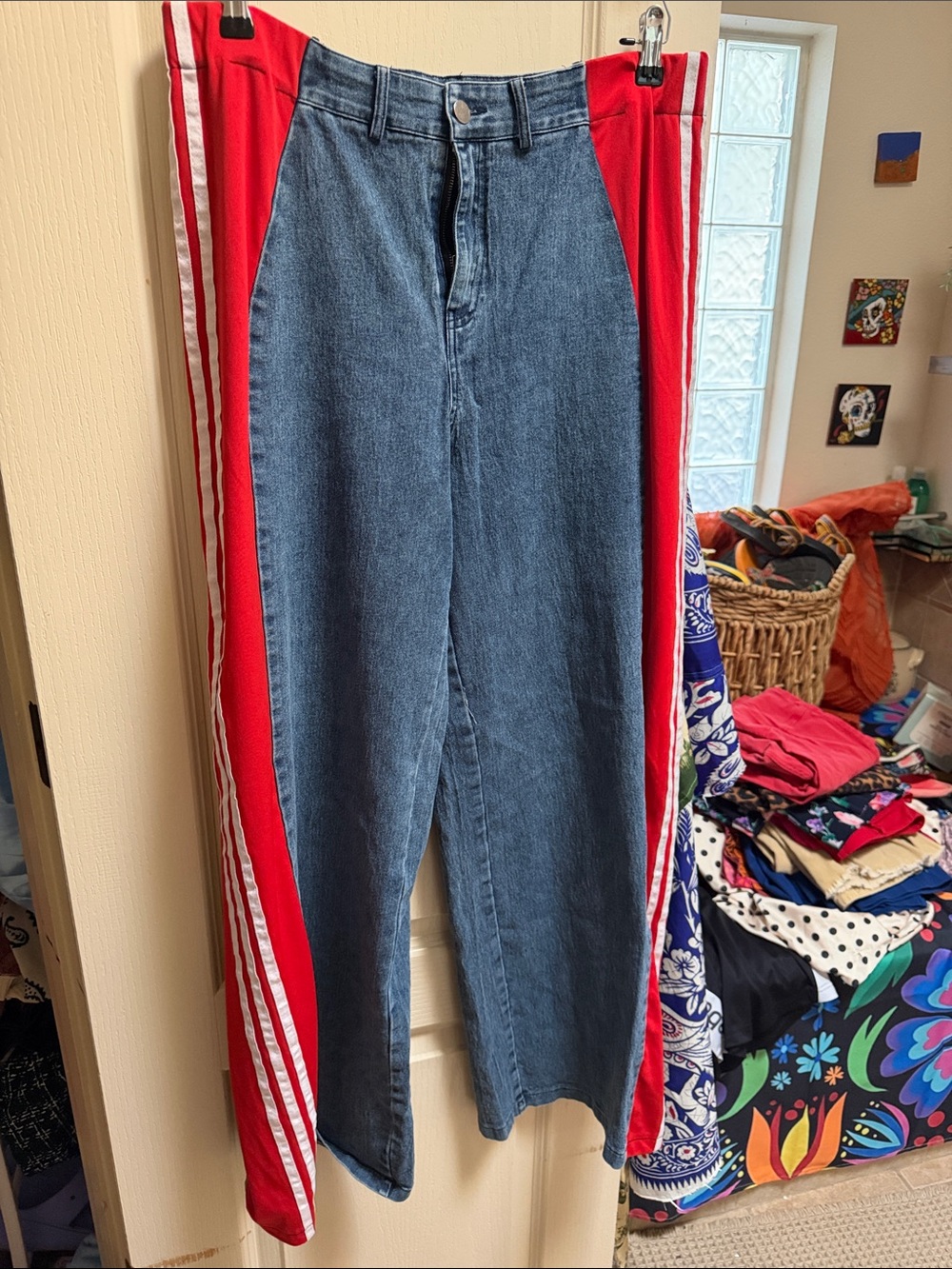 Amazon High-Rise Blue Denim Jeans with Red Side Panels